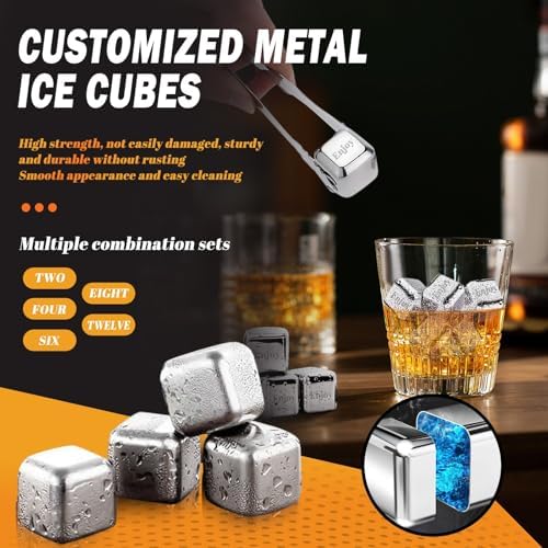 Whiskey Stones Gift Set Custom Engraved Stainless Steel Whiskey Ice Stone Personalized Whiskey Stones Gift Set Reusable Stainless Steel Chilling Rocks, for Mens Dad Husband Gift (6 PC)