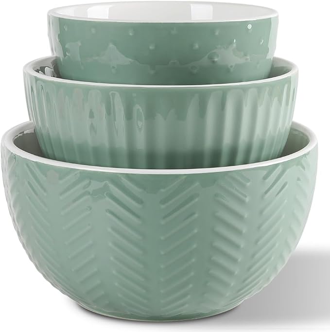 HAPPY KIT Ceramic Nesting Mixing Bowls, Set of 3 Avocado Green | Serving Bowls Set For Kitchen, Large 5/3/1.5 Quart Bowl Set of 3, Prep Nesting Bowl, For Baking and Mixing Salad