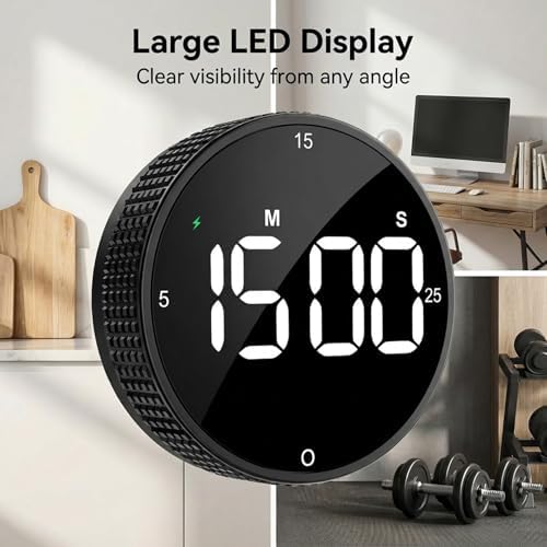 Rechargeable USB-C Digital Kitchen Timer - Magnetic Countdown Countup Visual Pomodoro Timer with Large LED Display, 3-Preset Times, 3 Volume Levels, Ideal for Cooking, Baking and Study
