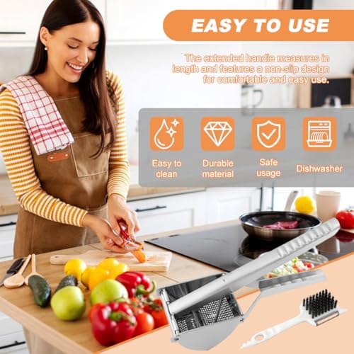 Potato Ricer, Heavy Duty Stainless Steel Press and Mash Kitchen Gadget for Mashed Potatoes, Creamy Mashed Vegetables Spaetzle Maker with 6-in-1 Multi-functional Peeler