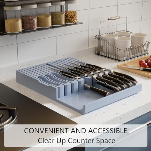 Domax Knife Drawer Organizer Insert Bamboo for 16 Knives, Gray