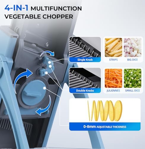 Safe Mandoline Slicer Multi Vegetable Chopper, Foldable 4 in1 Fruit Slicer Dice Strip Shred Veggie Cutter with 0-8mm Thickness Adjustable Built in Blades, Detachable Salad Chopper,110V