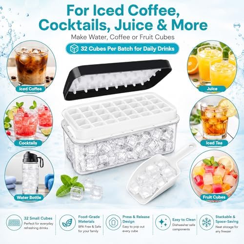 Ice Cube Trays for Freezer with Stackable Design & Lid – Quick-Release Ice Trays for Freezer with Lid and Bin, Perfect Ice Cube Maker for Whiskey, Cocktails – BPA-Free Ice Bin for Freezer Storage