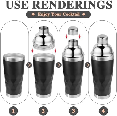 Insulated Cocktail Shaker Black -20oz Double Wall Vacuum Stainless Steel Martini Shaker with Built-in Strainer, Pro Leak-Proof Weighted Shaker for Home Bar, Premium Bar Gift Set