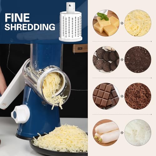 Cambom Rotary Cheese Grater Hand Crank Cheese Shredder for Fresh Cheese, Vegetable, Nuts,Non-slip Suction Base，Three Blades,Dark Blue