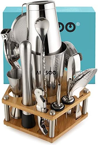 Bartender Kit: 18-Piece Stainless Steel Cocktail Shaker Set | Premium Professional Bar Tools with Rotating Bamboo Stand | Boston Shakers & Strainers (Julep, Mesh, Hawthorn) | ARSSOO Home Drink Mixing