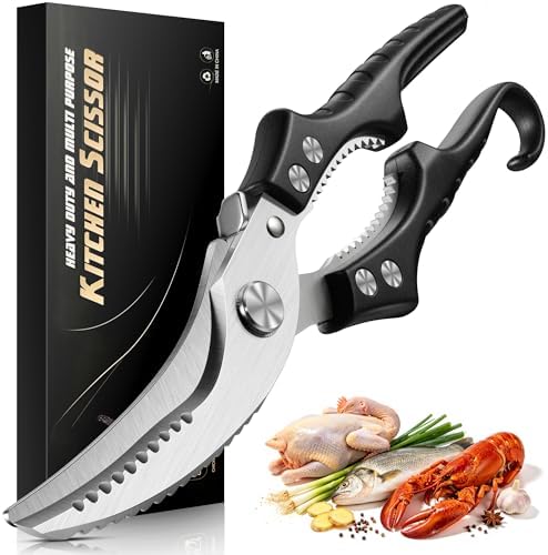 Heavy Duty Poultry Shears, Molybdenum-Vanadium Steel Kitchen Scissors for Chicken Bone and Meat, Ergonomic Non-Slip Handle with Spring Loaded & Safety Lock, Sharp Food Shears for Kitchen