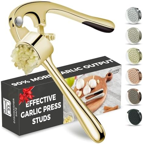 Kitessensu High Effective Garlic Press With Studs, Heavy Duty Garlic Mincer, Easy to Squeeze and Clean, Rust Proof, Ginger Crusher - Golden