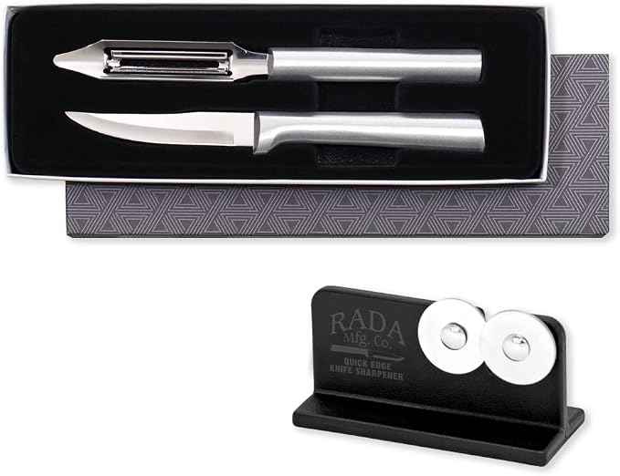 Rada Cutlery Pare & Peel Gift Set (S46) with Quick Edge Sharpener (R119), 2-Piece Knife Set and Knife Sharpener, Stainless Steel Blades, Silver Handle