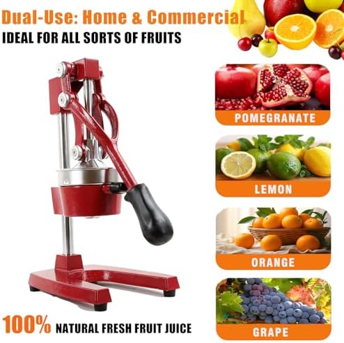 Kitchen Cast Iron Juicer - Easy-to-Clean Heavy-Duty Manual Juicer, Professional Citrus Juicer - Stainless Steel Lemon Squeezer - Manual Citrus Press & Orange Squeezer - Orange Juicer (Red)