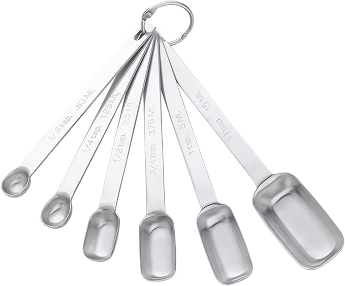 DOCBLACK 6PCS Measuring Spoons Set, Premium Heavy Duty Stainless Steel Metal Kitchen Measuring Tools Set, for Cooking Baking, for Dry or Liquid, Fits in Spice Jar - Sliver