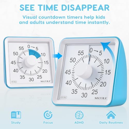 Secura Visual Timer for Kids, 60 Minute Classroom Countdown Timer for Study