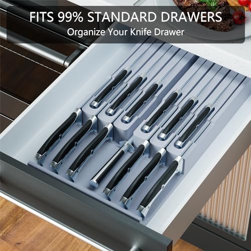 Domax Knife Drawer Organizer Insert Bamboo for 12 Knives, Gray
