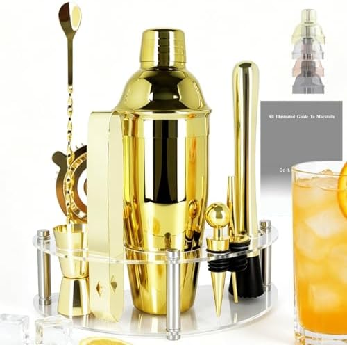 9-Piece Cocktail Shaker with Stand, 25oz Bartender Kit, Cocktail Shaker with Strainer Set, Bar Set Jigger for Bartending Drink Mixer Set, Cocktail Set Recipe (Gold)