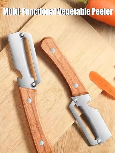 Wooden Peeler, Multi-Functional Vegetable Peeler For Kitchen, Thickened Wooden Handle Fruit Peeler, Ultra Sharp Stainless Steel Blades With Bottle Opener For Potato Pumpkin Papaya (3pc)