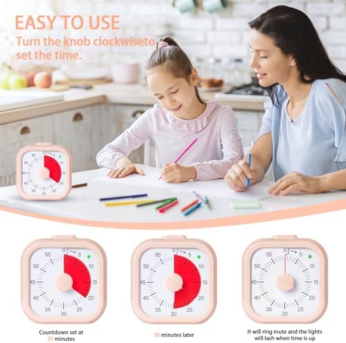 Visual Timer for Kids 60 Minute Countdown Timer Silent Operation for Classroom Study Office Kitchen Kids Timer Teaching (Pink)