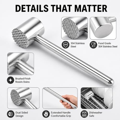 Meat Tenderizer Mallet, Heavy Duty Meat Hammer Dishwasher Safe, Kitchen Essentials 304 Stainless Steel Dual-side Mallet for Steak, Beef, Poultry and Fish
