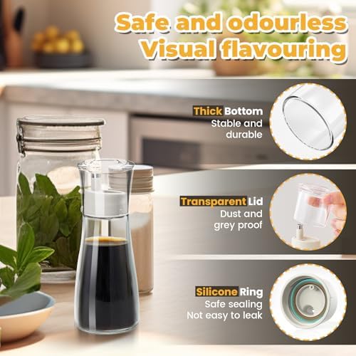 2 Pack Soy Sauce Dispenser with No-Drip Spout, Glass Oil and Vinegar Dispenser Bottle Set, Olive Oil Cruet with Dust Cap for Kitchen Cooking, 5.1oz