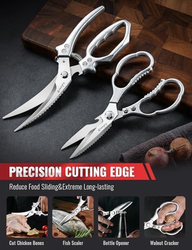 Emojoy 2-Piece Kitchen Scissors Set with Poultry Shears, Japanese Stainless Steel Kitchen Shear, All Purpose Scissor for Food, Chicken Bones, Dishwasher Safe