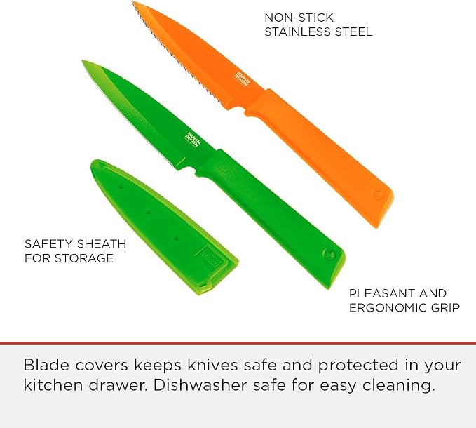 Kuhn Rikon COLORI+ Non-Stick Straight and Serrated Paring Knives with Safety Sheaths, Set of 2, Orange and Green