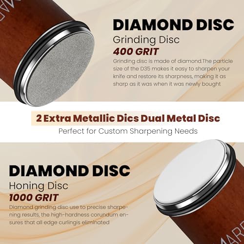 5 Pieces Rolling Knife Sharpener Kit - Magnetic Roller Sharpener with 4 Angle Base, 2 extra Diamond Discs and Dual Sided Leather Strop for Razor Sharp Kitchen and Outdoor Knives