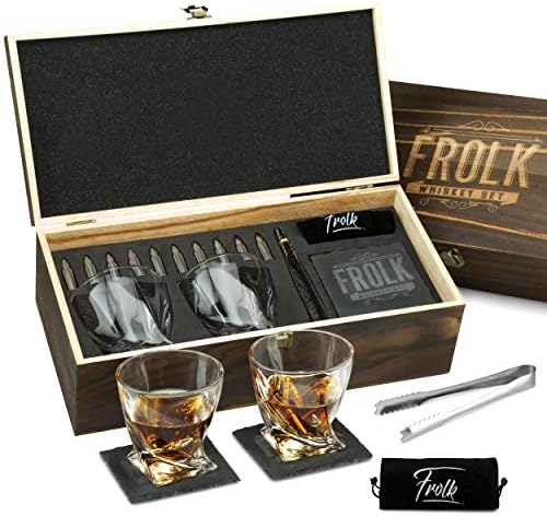 Whiskey Stones Gift Set for Men - 10 Chilling Stainless-Steel Whiskey Rocks - 11oz 2 Large Twisted Whiskey Glasses, Slate Coasters, Tongs - Premium Set in Pine Wood Box