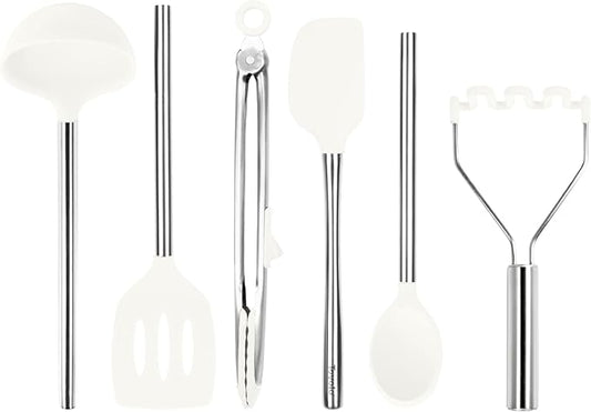 Tovolo Silicone Cooking Utensil Set of 6 Stainless Steel Handle Ladle Slotted Turner Tongs Flex Core Spatula Scraper Mixing Spoon & Potato Masher, Dishwasher Safe BPA Free Utensils, White