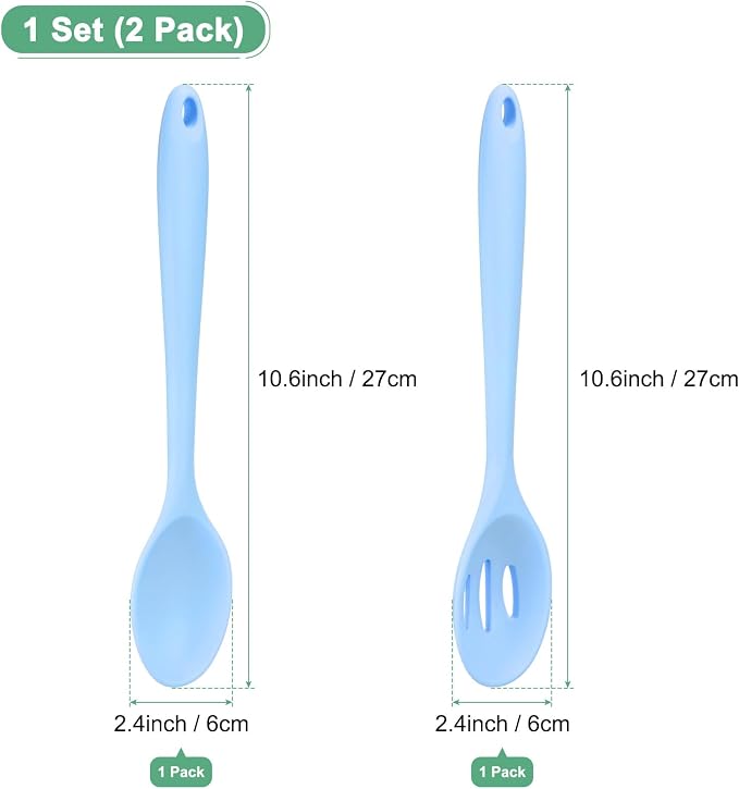 M METERXITY 2-Pack Silicone Spoons for Cooking, 10.6" Mixing Nonstick Slotted and Solid Serving Spoons Heat Resistant Utensils Spoons for Kitchen/Cooking/Baking/Stirring Mixing Tools [Blue]