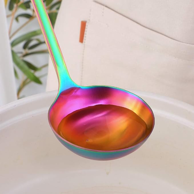 Buyer Star 2 Pcs Soup Ladle Spoons,Rainbow Cookware Serving Long Handle Steel Slotted Spoon Cooking Utensil Set for Hotpot