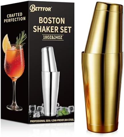 Boston Shaker Set, 18oz & 28oz 2-Piece Tins, Professional 304 Stainless Steel Cocktail Shaker with Leak-Proof Weighted Base for Bartending, Home & Bar Use (Gold)