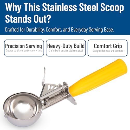 Carlisle FoodService Products Disher Scoop with Yellow Handle – 2 oz Portion Scoop Stainless Steel Scoopers for Food, Use for Restaurants and Catering, One-Piece Design