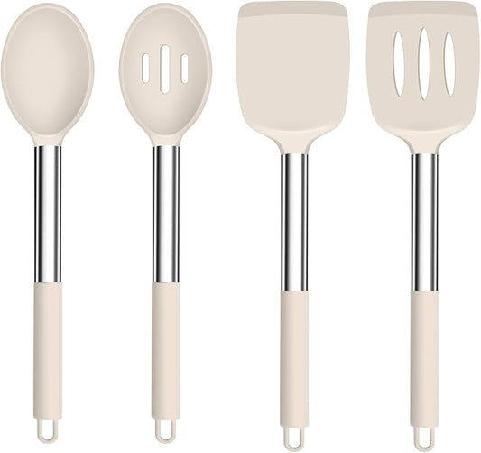 TeamFar Kitchen Utensils, 4 PCS Silicone Cooking Utensils Spatula Spoon Set with Stainless Steel Handle, for Frying Mixing Draining Turning, Healthy & Heat-proof, Non-stick & Dishwasher Safe - Khaki