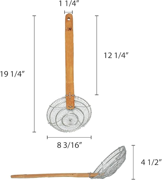 TrueCraftware- 8” Fine Mesh Skimmer Galvanized Steel with Natural Bamboo Handle- Spider Strainer Ladle Kitchen Frying Food Pasta Spaghetti for Cooking and Frying Pasta Strainer Spoon