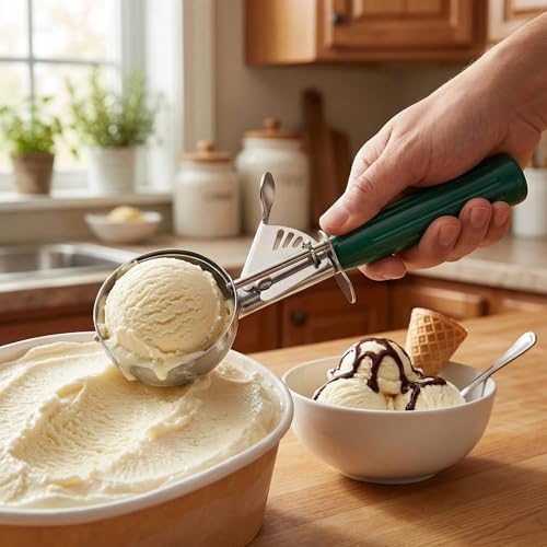 TOPKITCHEN Commercial-Grade Ice Cream Scoop 2.66 oz, 18/8 Stainless Steel Cookie Scoop with Plastic Handle, Portion Control Disher Scoop for Bakeries,Restaurants & Dessert Shops, #12, Green