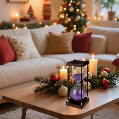 60 Minutes Sand Hourglass Timer, Vintage Sand Clock 60 Minutes, Large White Sander with Wooden End Caps, Hour Glass Sandglass Timer for Games Classroom Kitchen Decor (Purple Sand)