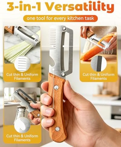 Shredder - 3-in-1 Multifunctional Vegetable Peeler with Bottle Opener & Julienne Shredder, Wide Stainless Steel Blade and Non-slip Wooden Handle, Peeler Knife for Fruits, Vegetables (1pcs)