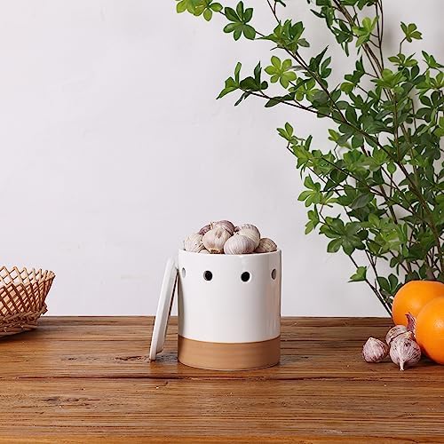 LEETOYI Garlic Keeper with Lid, Garlic Holder Storage Container, Ceramic Garlic Container for Countertop, Garlic Saver to Keep Your Garlic Cloves Fresh Longer, Easy to Clean