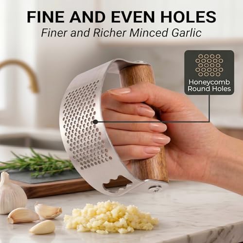 Garlic Press Stainless Steel, 2-in-1 Garlic Press & Bottle Opener with Ergonomic Wooden Handle, Includes Silicone Peeler, Cleaning Brush for Effortless Chopping of Garlic and Ginger