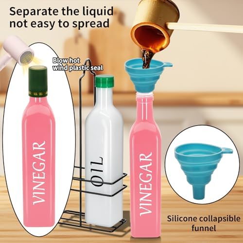 Farmhouse Oil and Vinegar Dispenser Set, 17 oz, beautiful olive oil dispenser, includes a black steel rack and a funnel, vintage cruets for vinegar and oil (White Oil & Pink Vinegar)