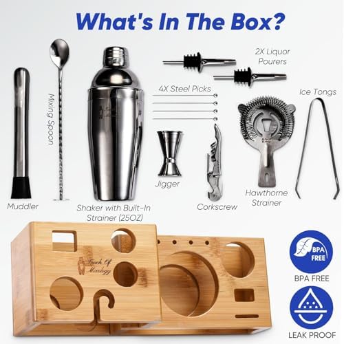 Bartender Kit with Cocktail Shaker, Stylish Bamboo Stand, Liquor Pourers for an Perfect Drink Mixing Experience - 14 Piece Barware Essentials Cocktail Shaker Set (Dark Metallic)
