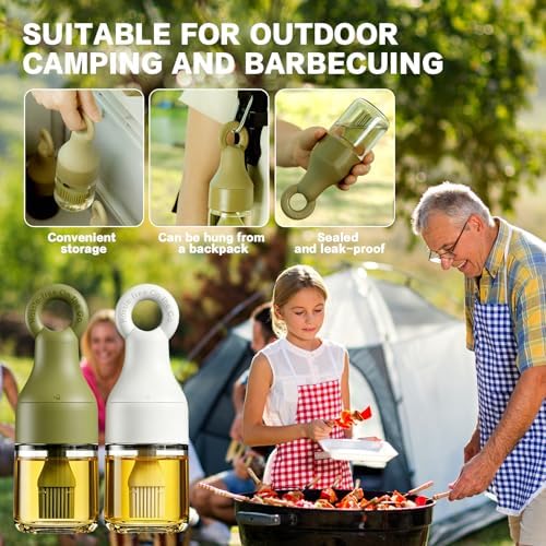 MMJ 2 in 1 Oil Brush Bottle with Silicone Basting Brush, Oil Dispenser for Kitchen, Leak Proof Glass Kitchen Accessories for Cooking, BBQ, Grilling, Vinegar, Sauce, Olive(White+Green)