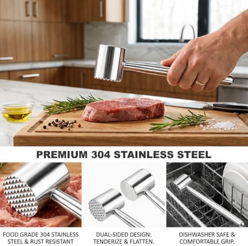 Meat Tenderizer Mallet, Heavy Duty Meat Hammer Dishwasher Safe, Kitchen Essentials 304 Stainless Steel Dual-side Mallet for Steak, Beef, Poultry and Fish