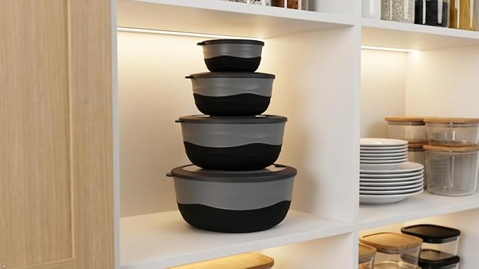 Pera Mixing Bowls with Lids, 8-Piece Airtight Leak-Proof Nesting BPA-Free Prep Bowl Set for Kitchen & Food Storage, Large 4200ml Capacity, Microwave & Dishwasher Safe(Black)