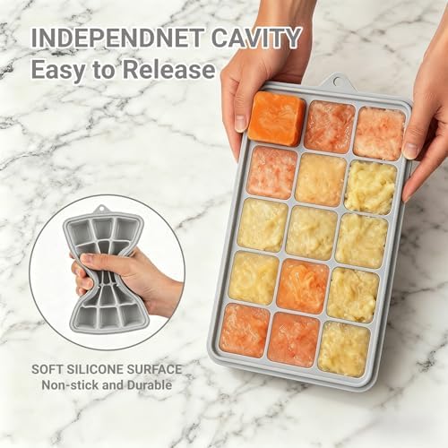 Silicone Ice Cube Trays, Easy Release Ice Cube Molds with Removable Lid, Freezer Stackable Ice Trays for Whiskey, Cocktail, Drinks and Food, Freezer, BPA Free