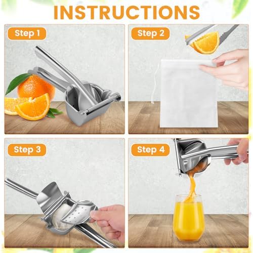Orange Juice Squeezer Stainless Steel Manual Juicer Press, Citrus Press Juice Squeezer Handheld Lemon Press with 100 Strainer Bags and Food Clip Hand Press Citrus Juicer