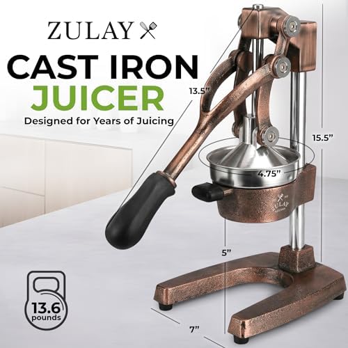 Zulay Kitchen Cast Iron Juicer - Heavy Duty Orange Juicer with Detachable Strainers for Easy Cleaning, Citrus Press for Citrus Fruits, Perfect for Bartenders, Juice Lovers & Health Enthusiasts