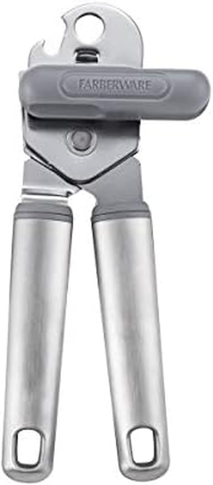 Farberware Pro Stainless Steel Manual Can Opener with Soft Ergonomic Handles and Integrated Bottle Opener, Dishwasher Safe, Contemporary Gray, 7.25 Inches