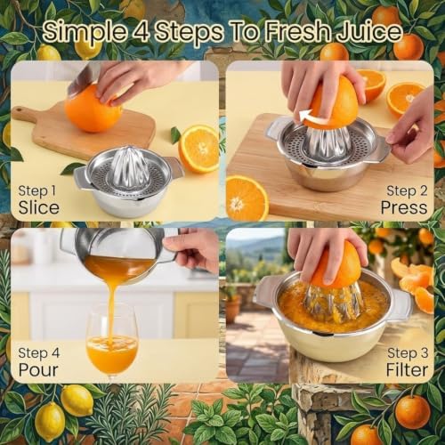 316L Stainless Steel Lemon Squeezer, Heavy Duty Citrus Juicer Manual Hand Press, Bowl Strainer Combo, Juicer Squeezer for Orange Lime, Kitchen Camping RV Juice Extractor