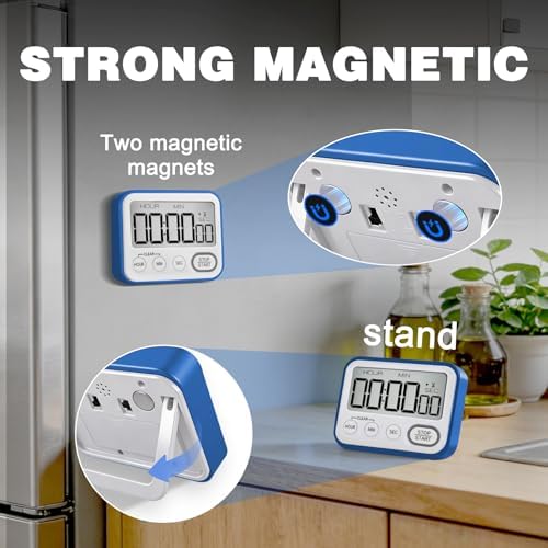 Digital Kitchen Timer Magnetic Loud Alarm, Large LCD Screen Silent/Beeping Multi-Function for Teachers Classroom Kids, Blue