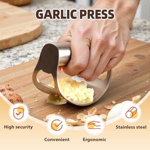Stainless Steel Garlic Press, 2025 Upgraded Garlic Press Rocker Chopper, Garlic Crusher Mincer Tool with Peeler and Cleaning Brush, Easy to Clean Kitchen Gadgets (2)
